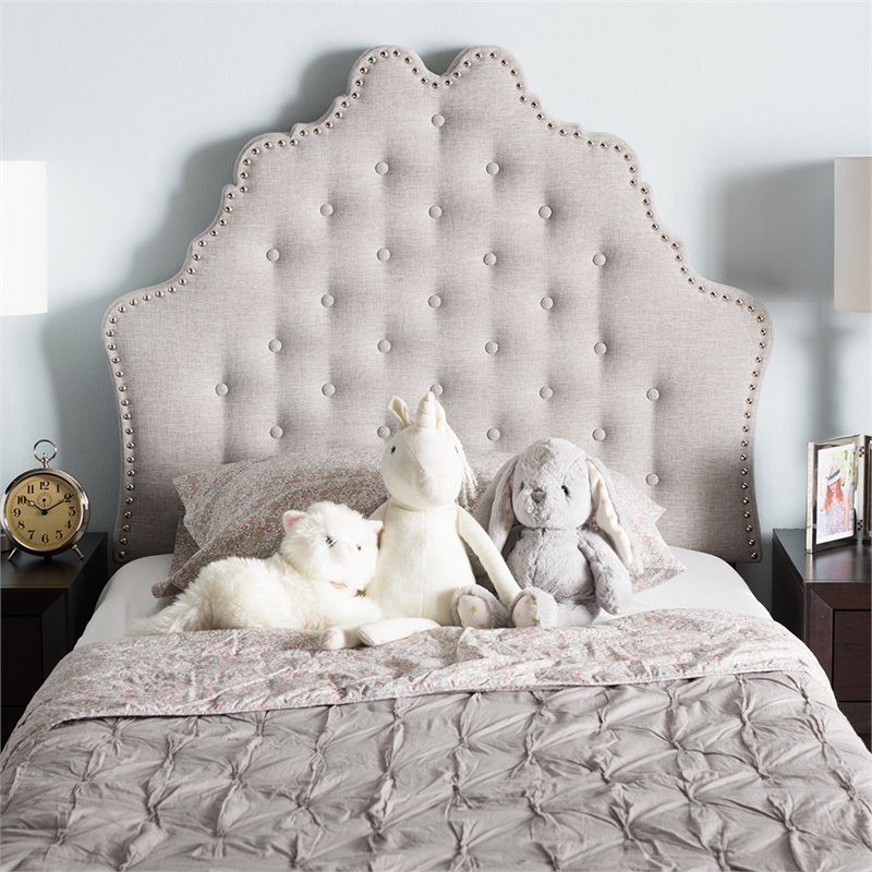Bowery Hill Modern Tufted Twin Panel Headboard in Grayish Beige