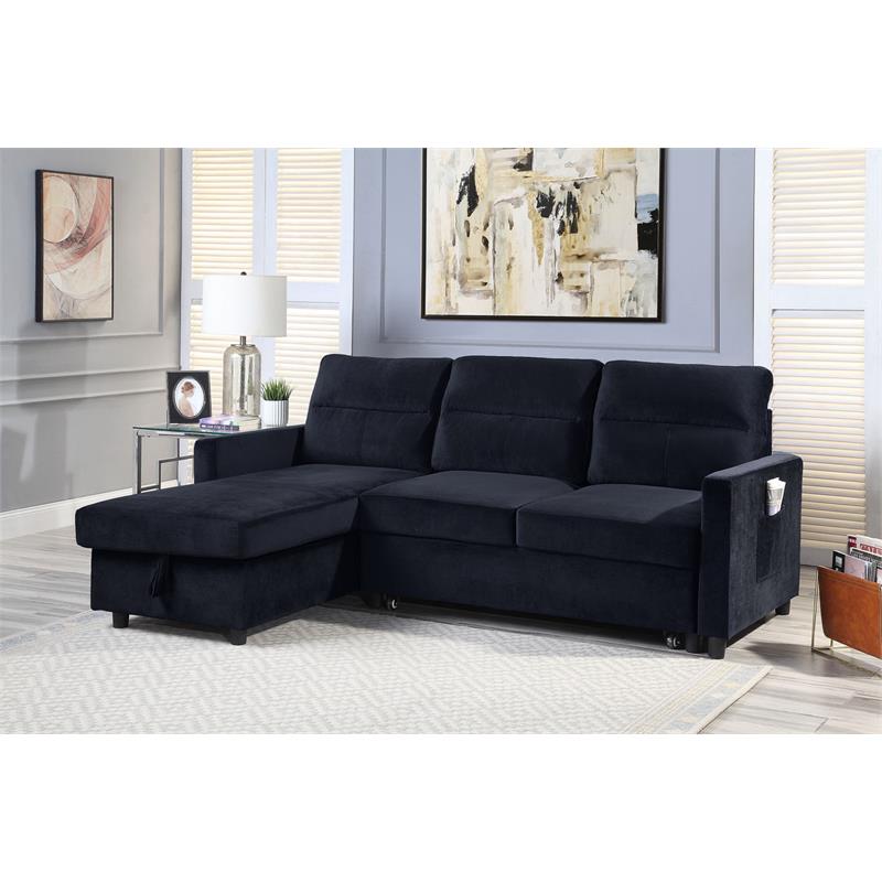 Bowery Hill Black Velvet Reversible Sleeper Sectional Sofa Storage Chaise