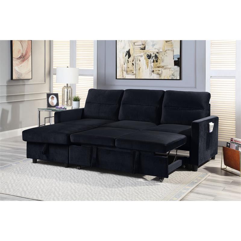 Bowery Hill Black Velvet Reversible Sleeper Sectional Sofa Storage Chaise