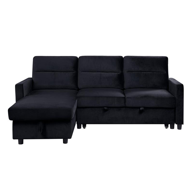 Bowery Hill Black Velvet Reversible Sleeper Sectional Sofa Storage Chaise