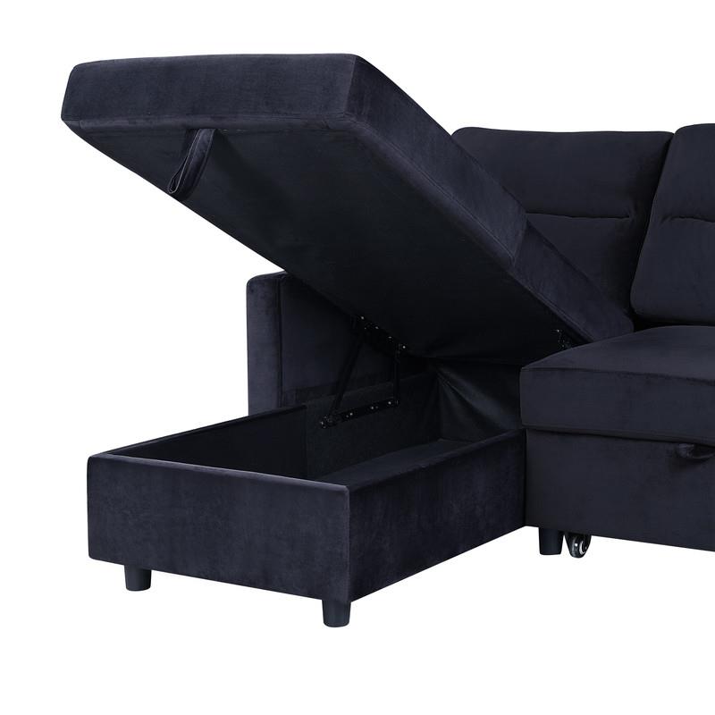Bowery Hill Black Velvet Reversible Sleeper Sectional Sofa Storage Chaise