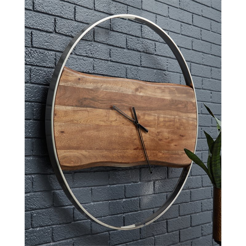 Bowery Hill Wood Wall Clock in Brown & Silver