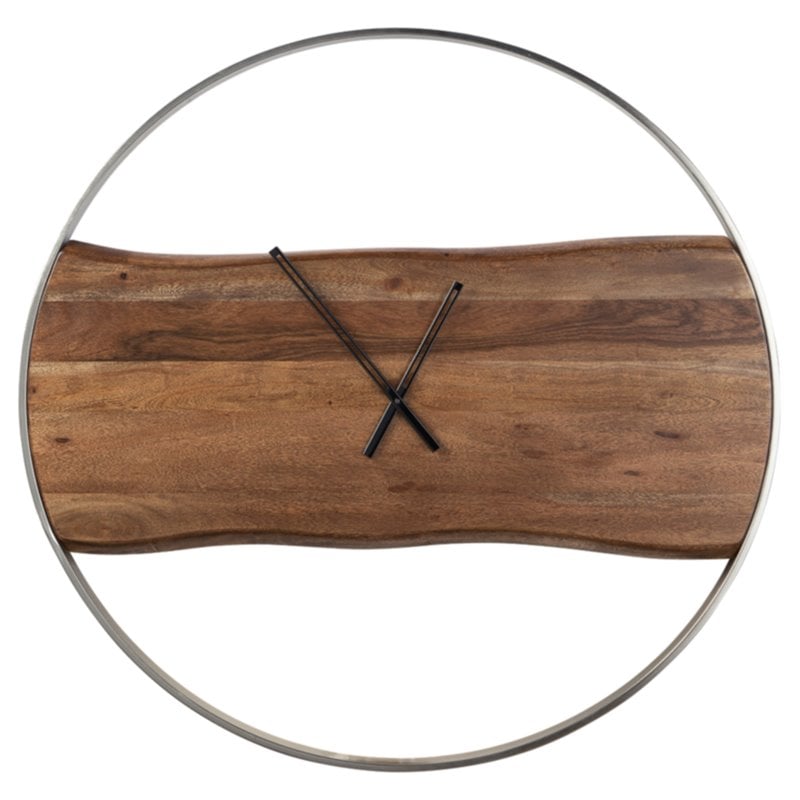 Bowery Hill Wood Wall Clock in Brown & Silver