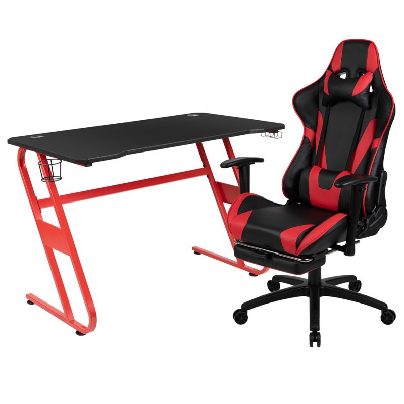 Bowery Hill Z-Frame Gaming Desk and Reclining Swivel Chair in Red