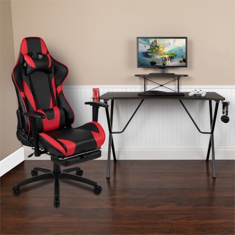Bowery Hill Gaming Desk and Reclining Swivel Chair in Black and Red