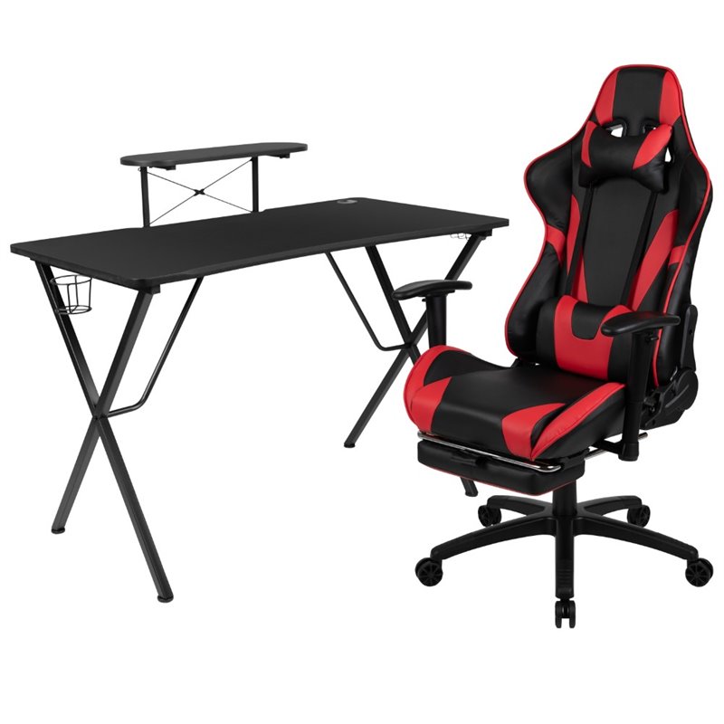 Bowery Hill Gaming Desk and Reclining Swivel Chair in Black and Red