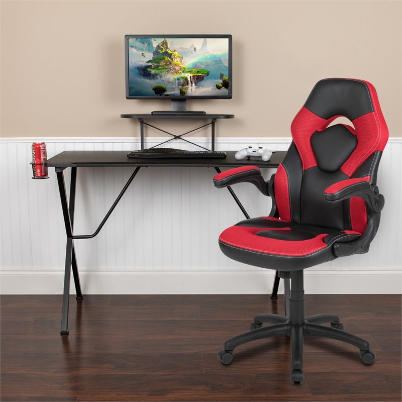 Bowery Hill 2 Piece Gaming Desk Set with Monitor Stand in Black and Red