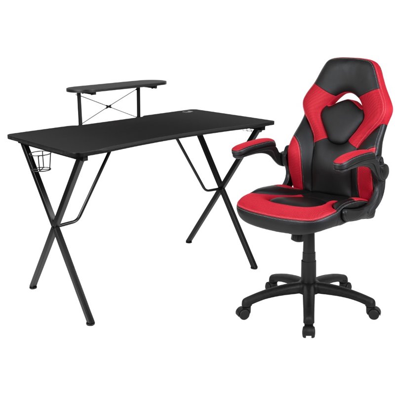 Bowery Hill 2 Piece Gaming Desk Set with Monitor Stand in Black and Red