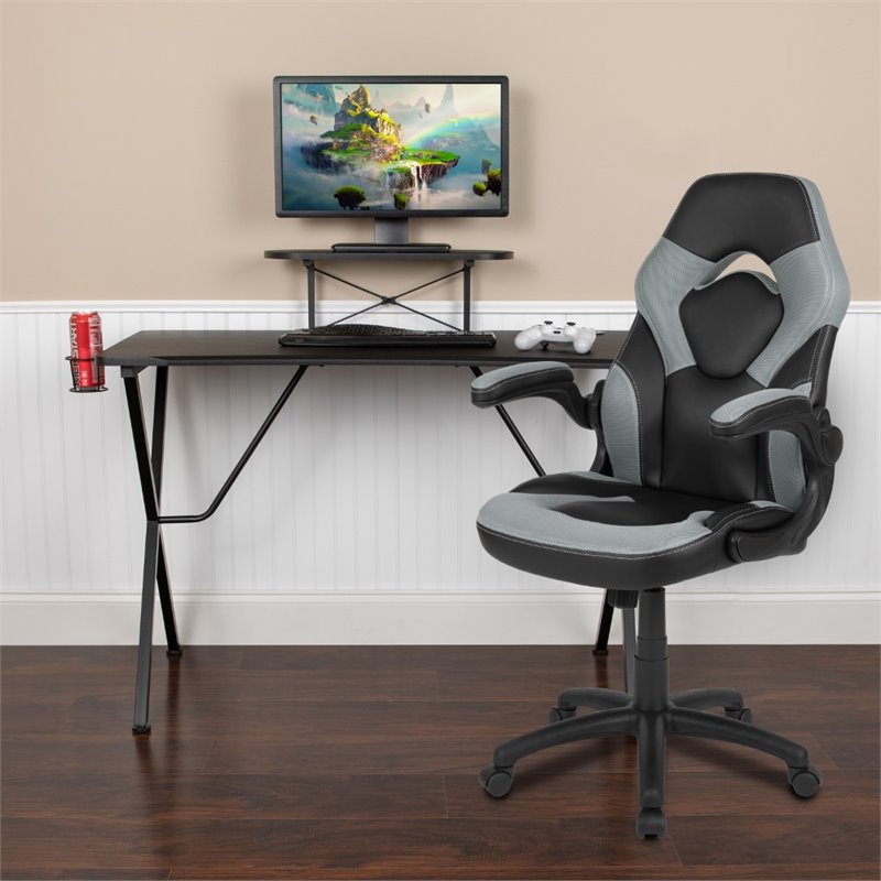 Bowery Hill 2 Piece Gaming Desk Set with Monitor Stand in Black and Gray