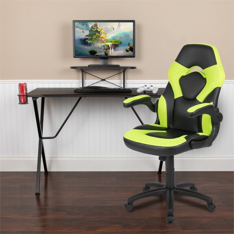 Bowery Hill 2 Piece Gaming Desk Set with Monitor Stand in Black and Green