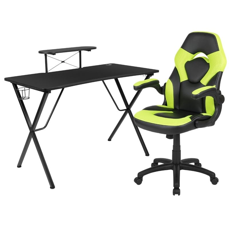 Bowery Hill 2 Piece Gaming Desk Set with Monitor Stand in Black and Green
