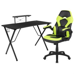 bowery hill 2 piece gaming desk set with monitor stand in black and green