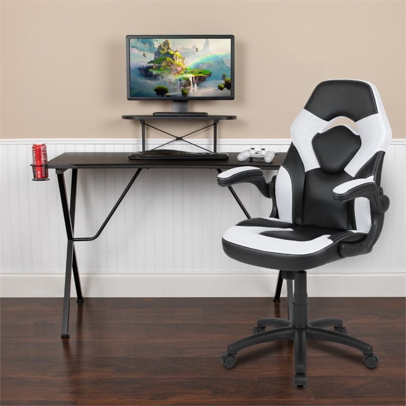 Bowery Hill 2 Piece Gaming Desk Set with Monitor Stand in Black and White