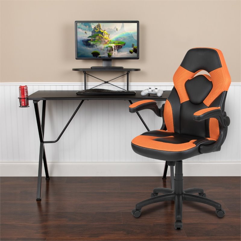 Bowery Hill 2 Piece Gaming Desk Set with Monitor Stand in Black and Orange