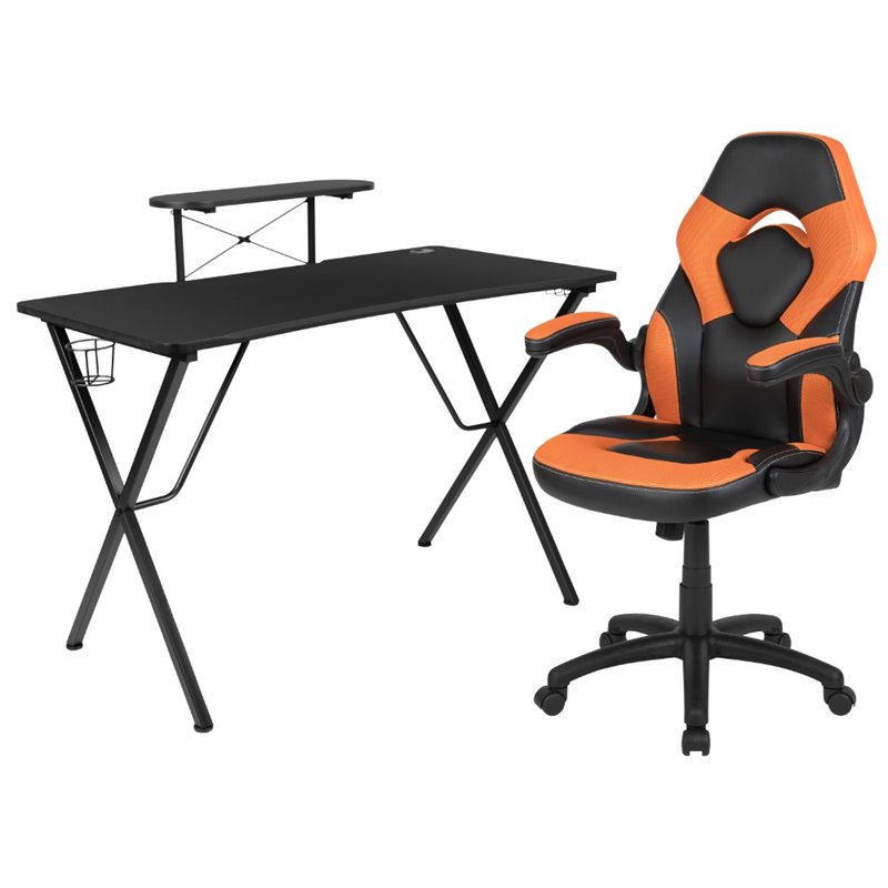 Bowery Hill 2 Piece Gaming Desk Set with Monitor Stand in Black and Orange