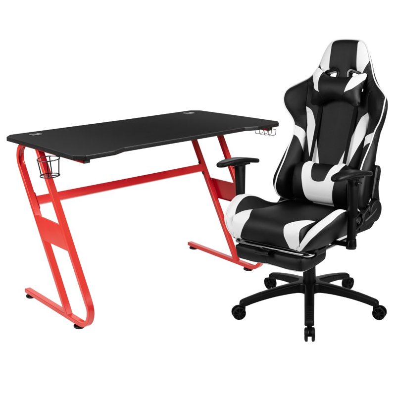 Bowery Hill Z-Frame Gaming Desk and Reclining Swivel Chair in Red and Black