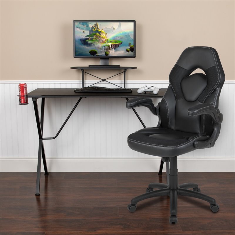 Bowery Hill 2 Piece Gaming Desk Set with Monitor Stand in Black