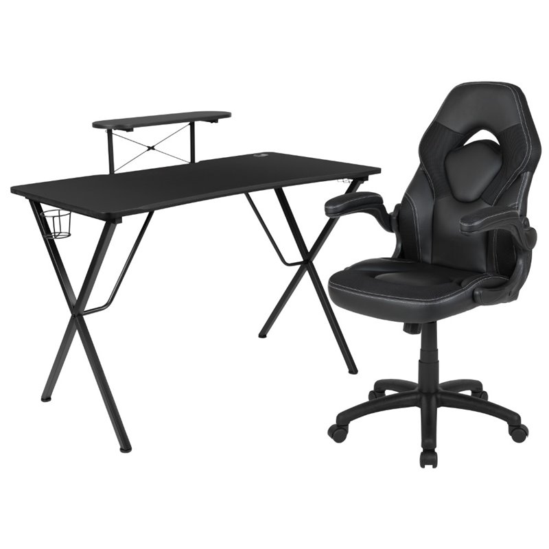 Bowery Hill 2 Piece Gaming Desk Set with Monitor Stand in Black