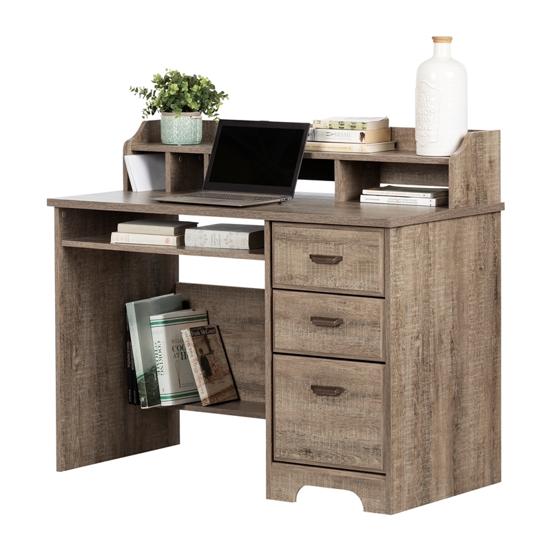 Bowery Hill Wood 3-Drawer Computer Desk with Hutch in Weathered Oak