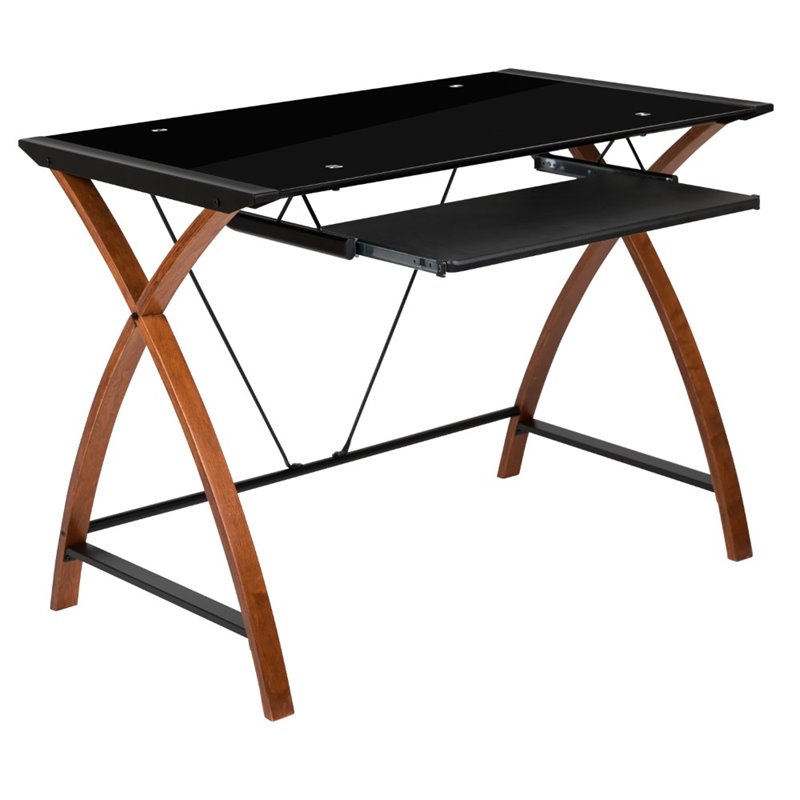 Bowery Hill Glass Top Computer Desk in Black and Cherry