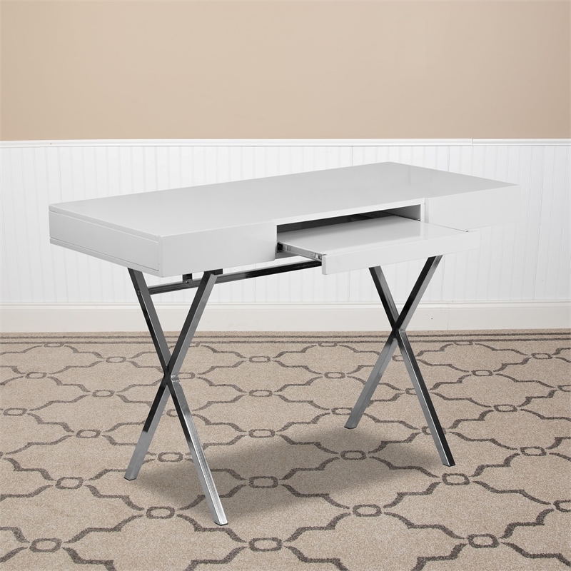 Bowery Hill Computer Desk in Glossy White Laminate Finish