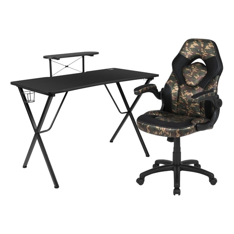 Bowery Hill Contemporary 2 Piece Wood Gaming Desk Set in Black/Camouflage