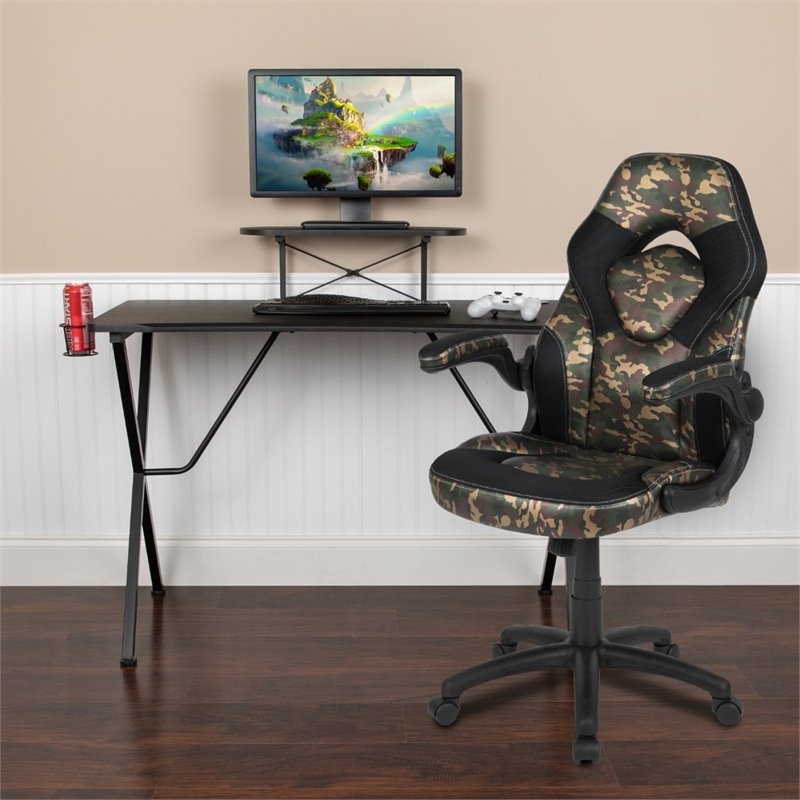 Bowery Hill Contemporary 2 Piece Wood Gaming Desk Set in Black/Camouflage