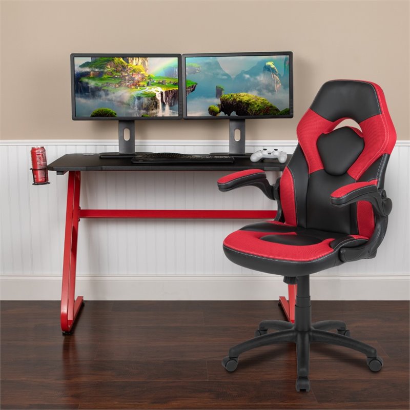 Bowery Hill 2 Piece Z-Frame Gaming Desk Set in Red and Black