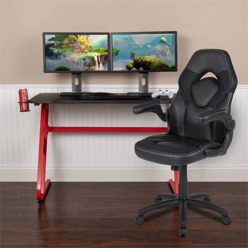 Bowery Hill 2 Piece Z-Frame Gaming Desk Set in Red and Black