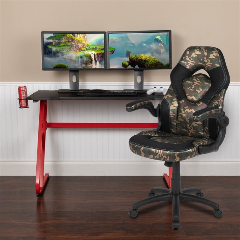 Bowery Hill 2 Piece Z-Frame Gaming Desk Set in Red and Camouflage