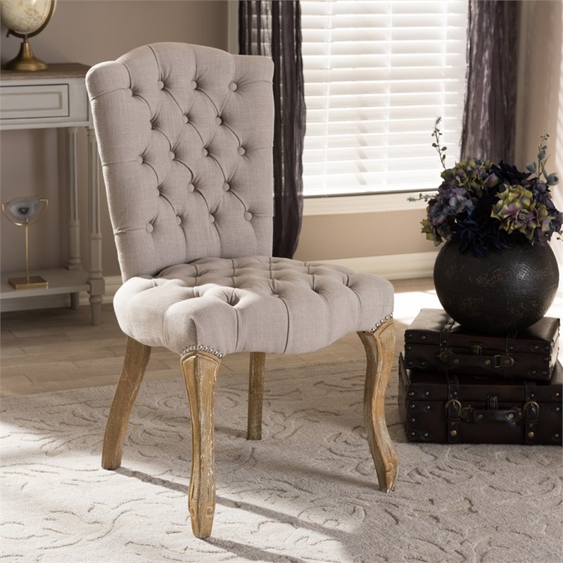 Bowery Hill Tufted Dining Side Chair in Natural Oak and Beige