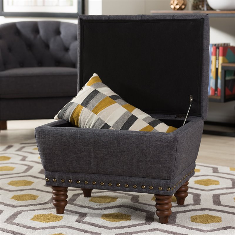 Bowery Hill Tufted Storage Ottoman in Dark Gray and Walnut