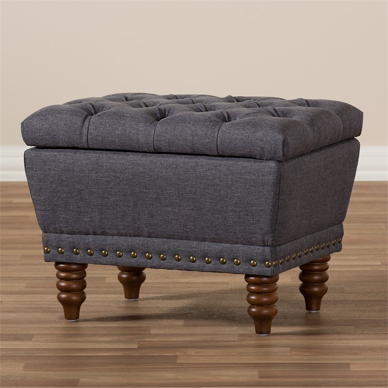 Bowery Hill Tufted Storage Ottoman in Dark Gray and Walnut