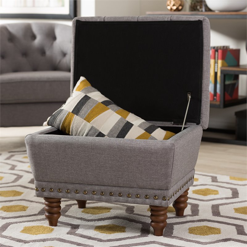 Bowery Hill Tufted Storage Ottoman in Gray and Walnut