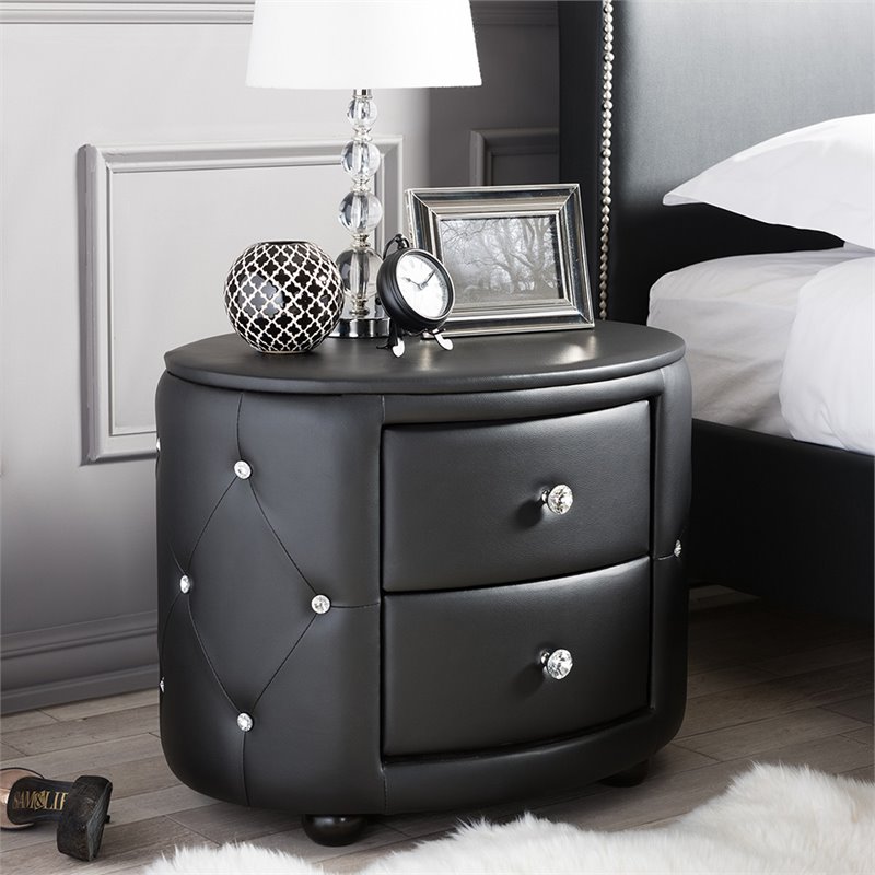 Bowery Hill 2 Drawer Faux Leather Tufted Nightstand in Black