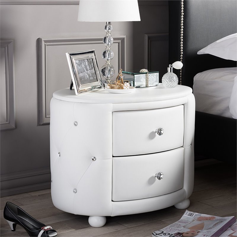 Bowery Hill 2 Drawer Faux Leather Tufted Nightstand in White