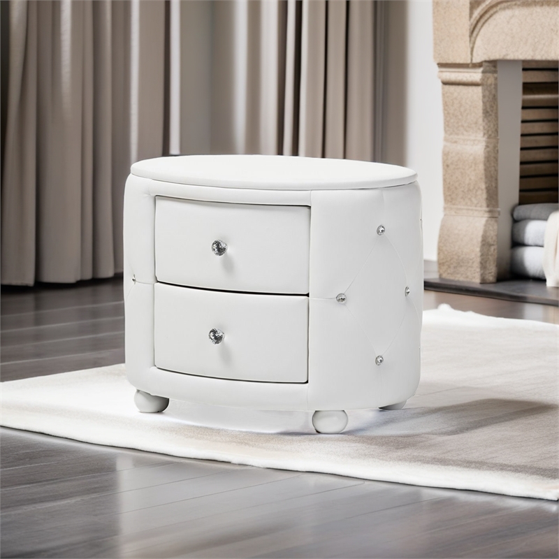 Bowery Hill 2 Drawer Faux Leather Tufted Nightstand in White