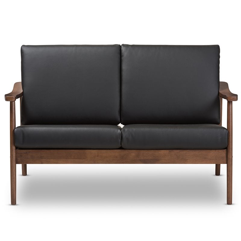 Bowery Hill Faux Leather Loveseat in Black and Walnut Brown