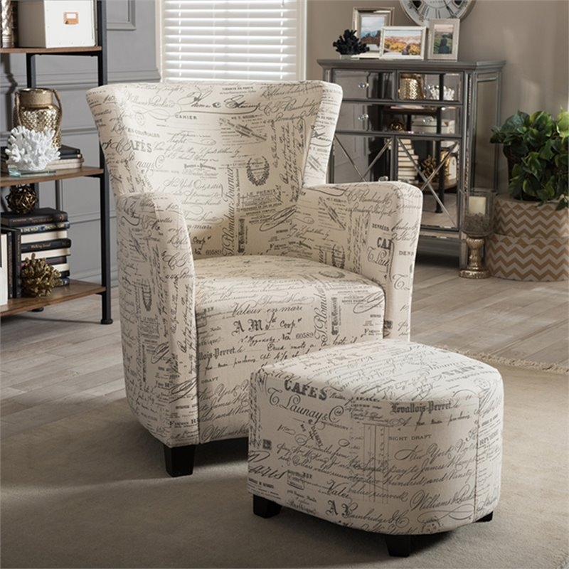 Bowery Hill Contemporary Fabric Accent Chair and Ottoman Set in Off White