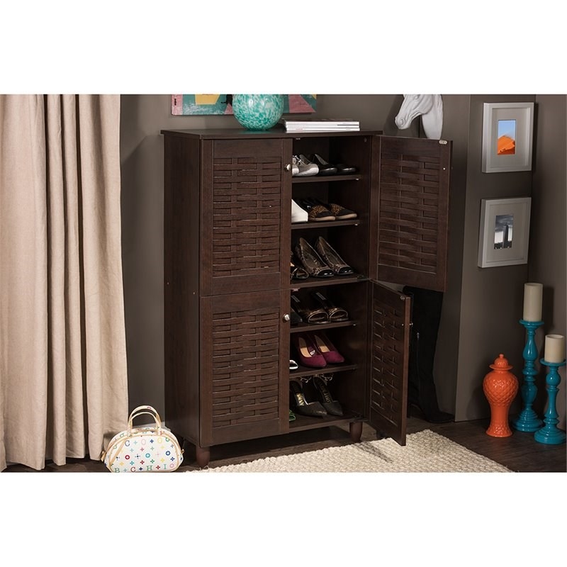 Bowery Hill 4 Door Shoe Cabinet in Dark Brown