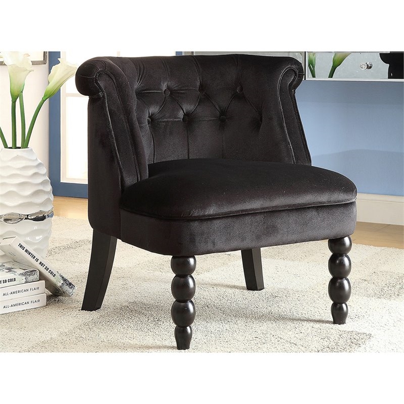 Bowery Hill Modern Velvet/Wood Button Tufted Accent Chair in Black