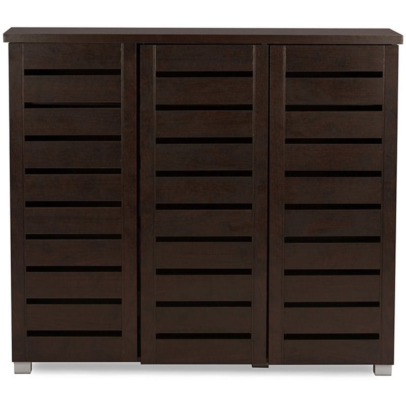 Bowery Hill Modern Wood 3 Door Shoe Cabinet in Dark Brown Finish