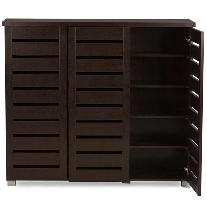 Bowery Hill Modern Wood 3 Door Shoe Cabinet in Dark Brown Finish