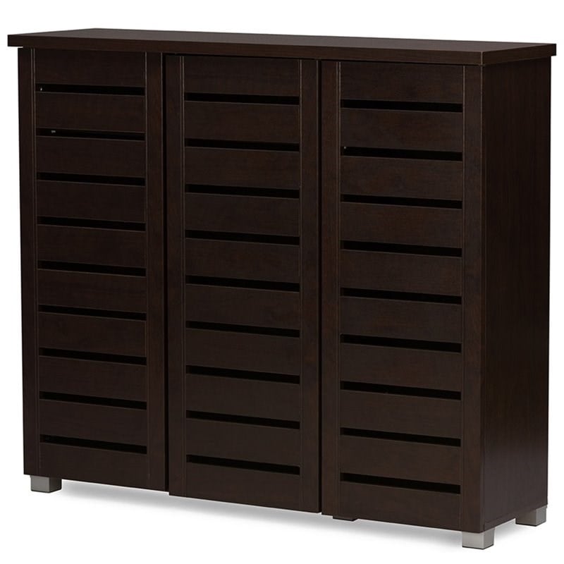 Bowery Hill Modern Wood 3 Door Shoe Cabinet in Dark Brown Finish