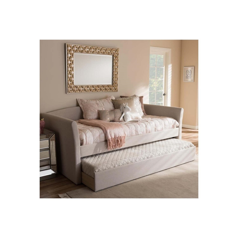 Bowery Hill Upholstered Daybed with Trundle in Beige