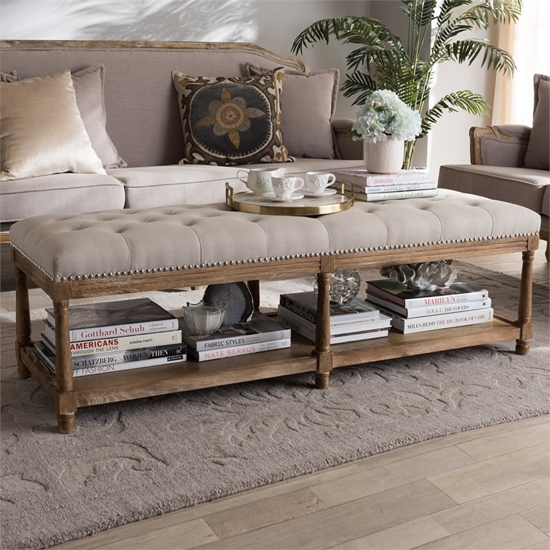 Bowery Hill Cotton Linen Beige Bench Rectangular Button Tufted 57.48