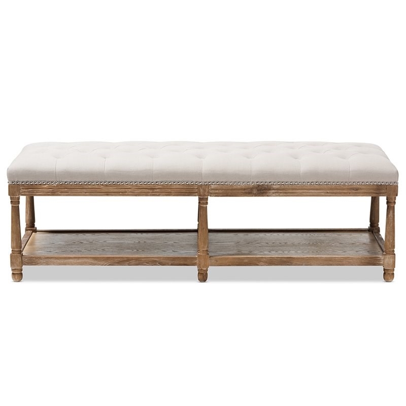 Bowery Hill Cotton Linen Beige Bench Rectangular Button Tufted 57.48
