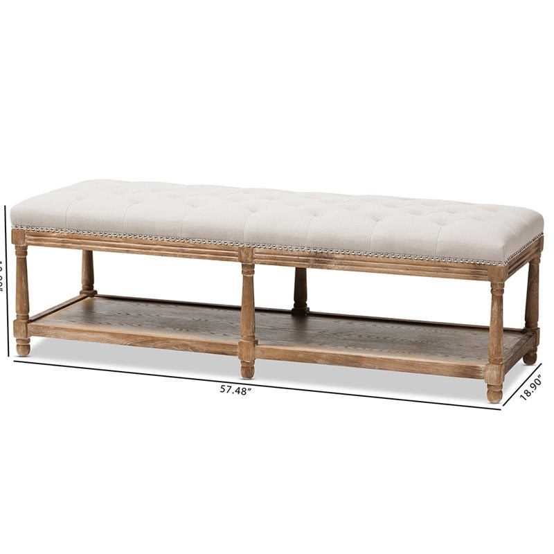Bowery Hill Cotton Linen Beige Bench Rectangular Button Tufted 57.48