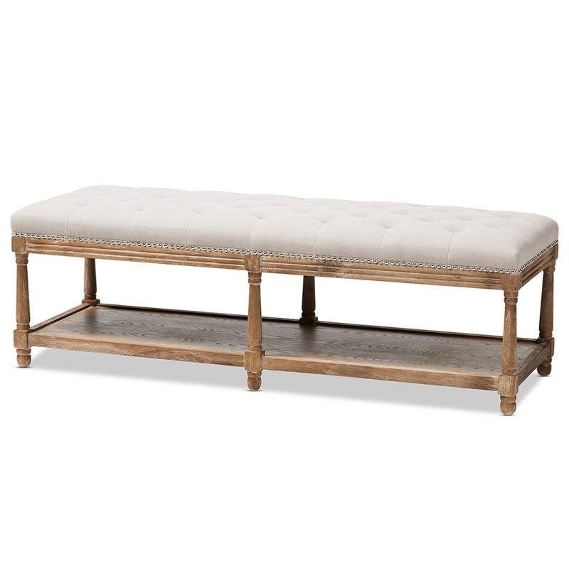 Bowery Hill Cotton Linen Beige Bench Rectangular Button Tufted 57.48