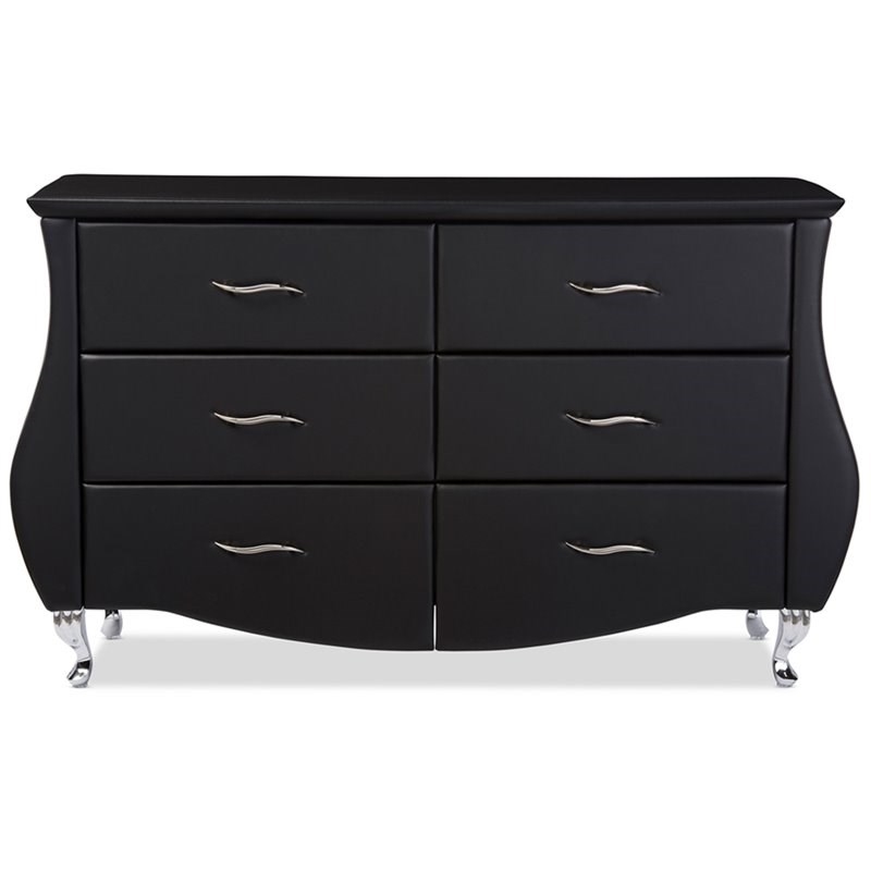 Bowery Hill 6 Drawer Faux Leather Double Dresser in Black